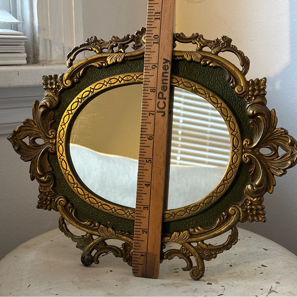 Antique MIRROR Baroque French vanity free standing solid Brass with green detail - Picture 3 of 16